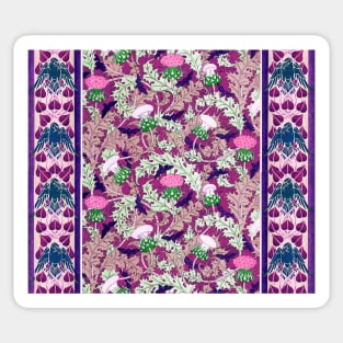 RAVENS,CICADAS AND PINK PURPLE THISTLES WITH GREEN LEAVES Art Nouveau Floral Pattern Sticker